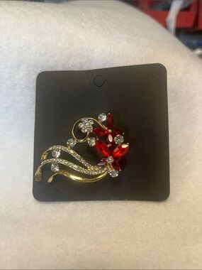 Gold-Tone Red Crystal Floral Brooch by